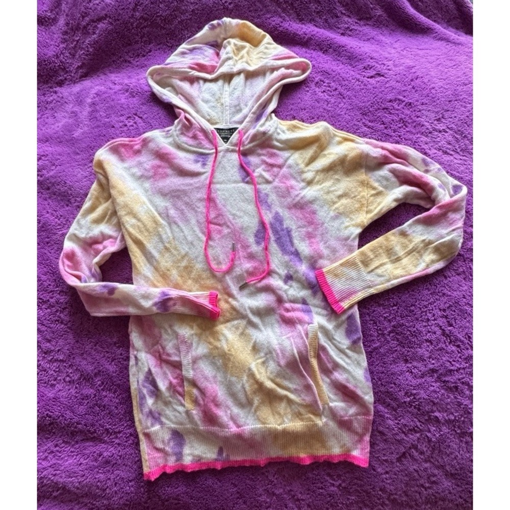 Cashmere Charter Club Tie‑Dye Hoodie Sweater • XS • Pastel Pink/Yellow/Purple